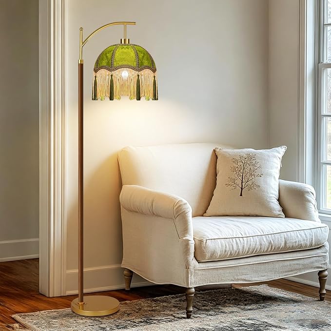 ILLMTW Green Floor Lamp for Living Room,Bedroom,Fringe Standing Lamp with Remote Dimmable,Victorian Mid Century Gold Arc Tall Lamp Boho Vintage Retro Wood Tassel Flower Unique Lamp Tiffany Decor