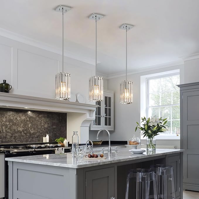 Modern Crystal Pendant Lights Kitchen Island, 3-Pack Chrome Hanging Light with Clear Crystal Shade, Adjustable Height Pendant Lighting for Kitchen Island Dining Room Bedroom Bar Entryway
