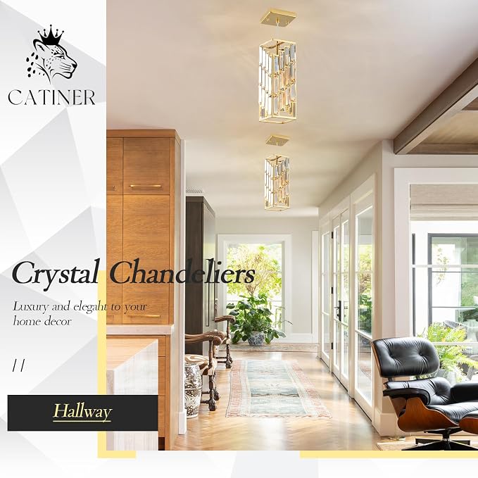 CATINER Gold Crystal Pendant Light, Mini Hanging Light, E26 | Gold crystal pendant light with adjustable 59" cord, E26 base, dimmable, ideal for kitchen island lighting