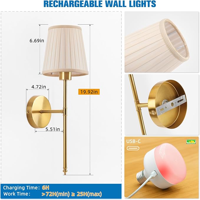19.9 inch Battery Operated Wall Sconce Set of 2,Beige Gold Rechargeable Wall Lights with 10400mAh Dimmable Bulbs and Remote, 9 Colors Wireless Wall Lamps for Bedroom Living Room Decor