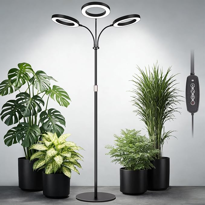 LBW 3-Head Grow Light with Stand for Indoor Plants, Full Spectrum Grow Light for Tall Large Plants, Adjustable Height up to 68", Auto Cycle Timer 6/8/12/16H, 5-Level Dimming, 3 Lighting Modes, Black