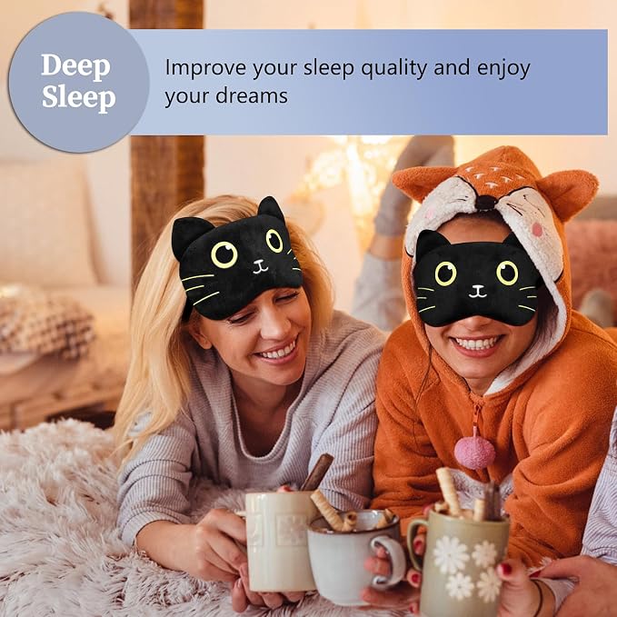 Cute Sleep Masks Cartoon Animal Cat Eye Mask Plush Sleeping Mask & Travel Blindfold - Funny Kitten Eye Shade for Women Men (Black Cat-2)