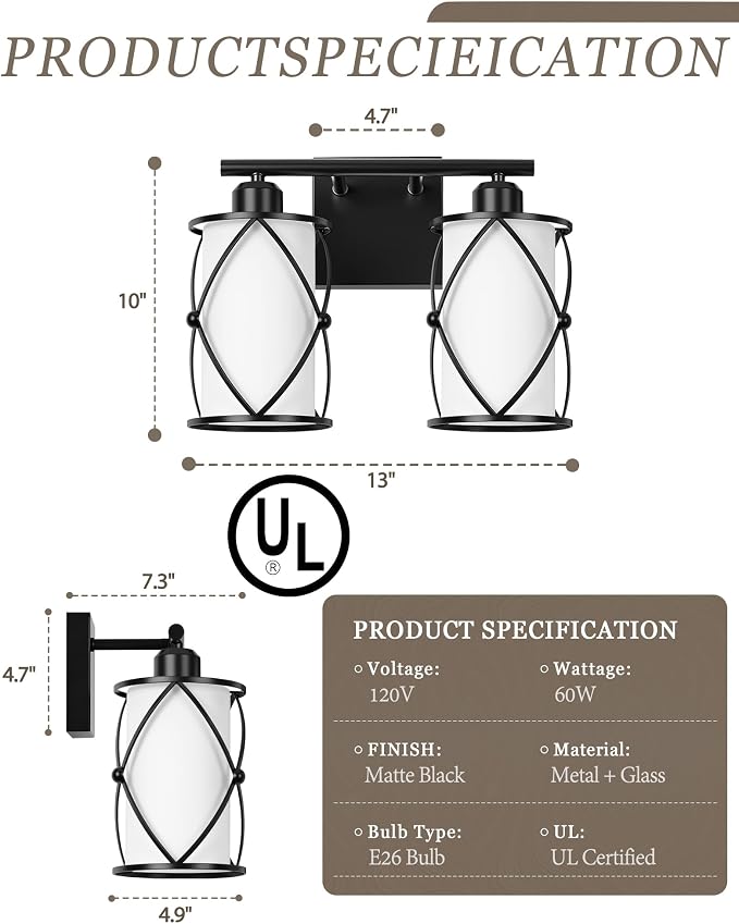2-Light Black Bathroom Light Fixtures with Milk White Frosted Glass, 13.8" Modern Bathroom Vanity Lighting Fixtures Over Mirror with Metal Cage, Wall Sconce Lights for Bath, E26, CH9176BKW-2W