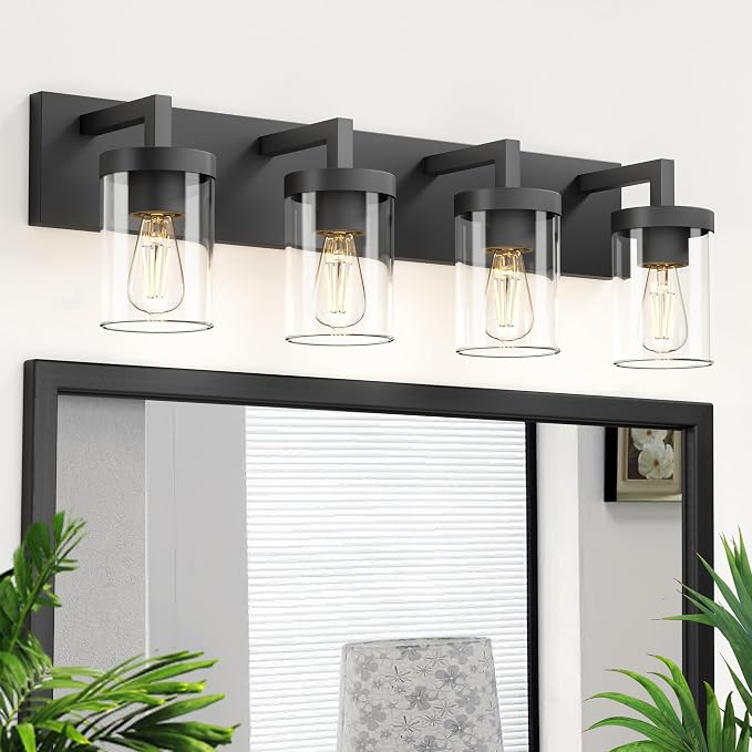 Bathroom Vanity Light, 4 Light Matte Black Vanity Light with Clear Glass Shade, 30in Farmhouse Vanity Light, Bathroom Lighting Fixtures Over Mirror for Bathroom
