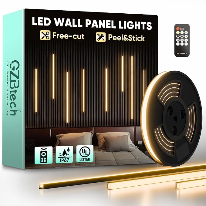 GZBtech Flexible LED Recessed Strip Light for Wood Slat Wall Panels 9.84FT, 3000K Warm White Cuttable Neon Rope Lighting with Remote Control, Dimmable IP67 Waterproof Black Strip Lights, UL Listed