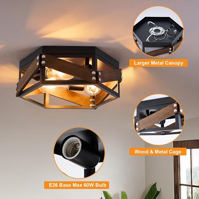 XSDeTu Farmhouse Flush Mount Ceiling Light, 3-Light Hallway Lights with Metal and Wood, Industrial Kitchen Light Fixtures Ceiling Mount, Rustic Black Chandelier for Bedroom Living Room Bathroom