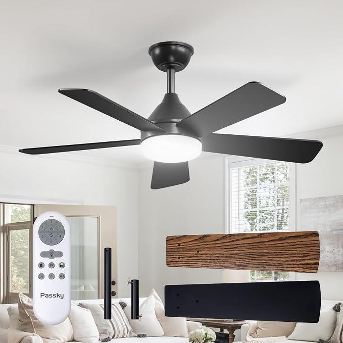Passky 42 Inch Black Sleek Ceiling Fans with Lights, Remote Control | 3-color dimmable light, quiet reversible DC motor, easy install, memory, Timer, bedroom, covered outdoor areas