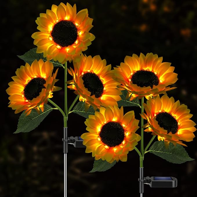 Solar Sunflower Lights Flowers Outdoor Waterproof for Yard Garden Cemetery | 800mA Real Looking Stake Flower Bed Pathway Patio Porch Fall Decors