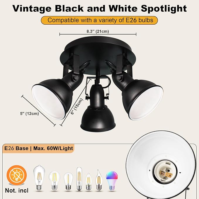 HiBay Ceiling Light Fixtures, 3-Lights Adjustable LED Spotlight Black | Industrial Track Lighting with Round Plate for Kitchen, Living Room, Office, E26 Base, Black (Bulbs Not Included)