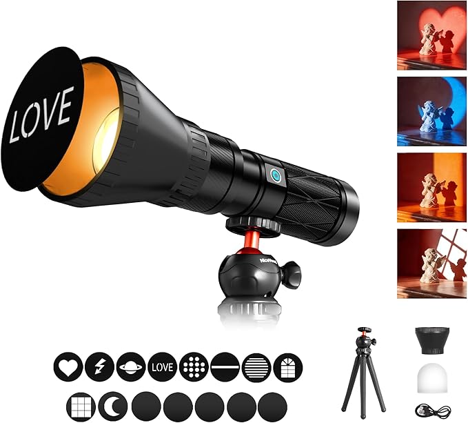 NiceVeedi 4-Color Handheld Photography Lighting Kit with 15 GOBO Filters & Tripod, 6000mAh Rechargeable Photography Flashlight with Diffusion, Zoomable Lighting for Video Recording/Sunset