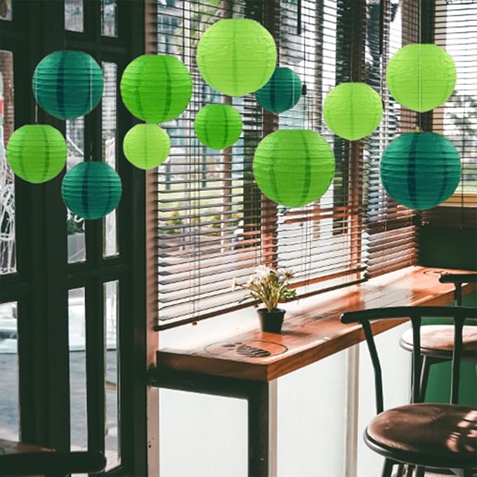 Green Paper Lanterns Decorative,Hanging Chinese Lanterns Indoor Outdoor for Birthday, Wedding, Christmas, Bridal, Home Decor, Ceiling Decorations(Size of 4”, 6”, 8”, 10”,12Pcs)