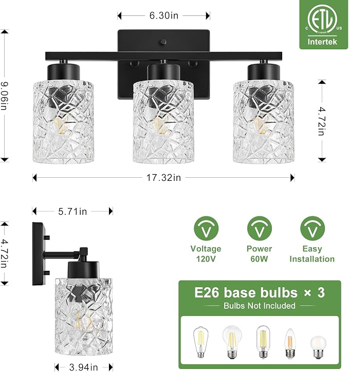 3-Light Bathroom Light Fixtures, Black Vanity Lights Over Mirror | Wall Sconces with Clear Textured Glass Shades for Living Room Bedroom Hallway,E26 Base (Bulbs Not Included)