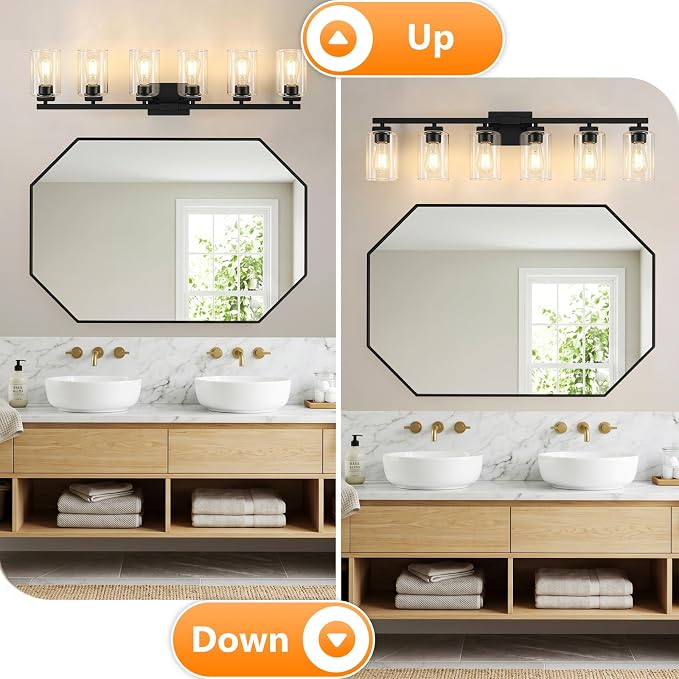 37” Bathroom Light Fixtures Over Mirror,6-Light Black Vanity Light | Large Size, Square Clear Glass & Durable Metal, Quick & Easy Installation, Standard E26 Socket, Bright Bathroom Lighting
