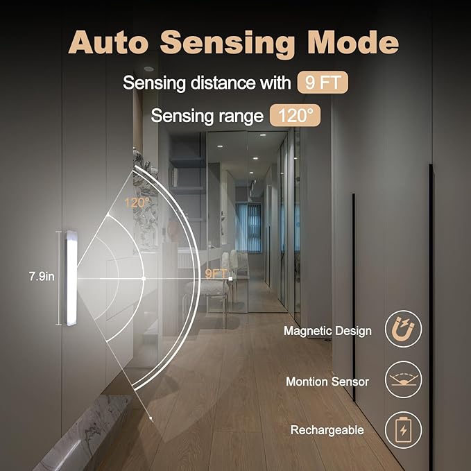6 Pack Motion Sensor Under Cabinet Light 8 Inch Magnetic LED Closet Lights | Rechargeable Under Counter Light for Stair Bedroom Cupboard