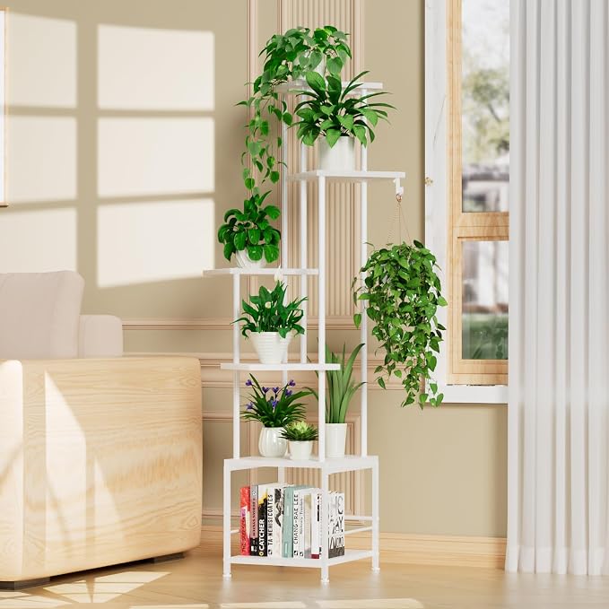 Plant Stand Indoor with Grow Light - 6-Tier Metal Plant Shelf with Hanging Basket Hook, Corner Tall Flower Holder for Multiple Plants, Living Room Balcony Garden Patio, White