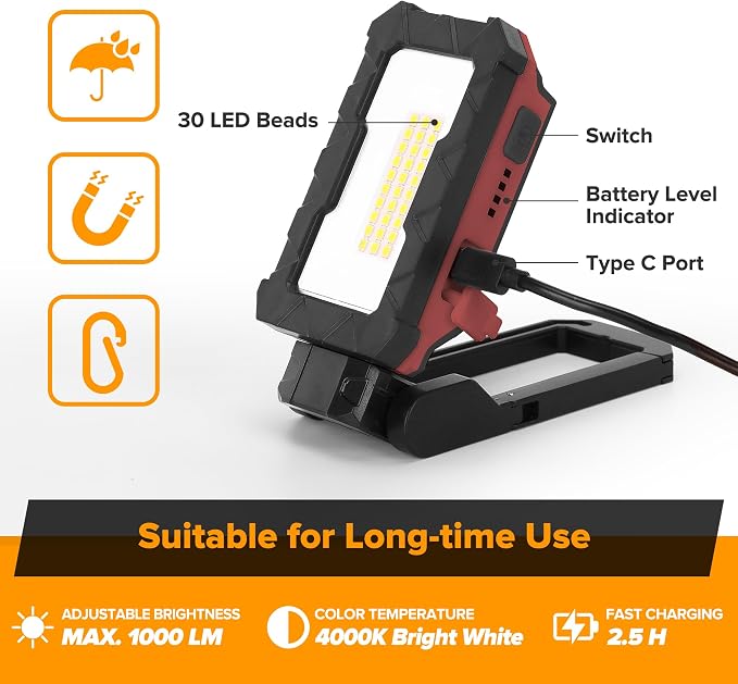 LUTEC Rechargeable Work Light, 1000 Lumens LED Magnetic Light with Magnetic Base and Hanging Hook，360°Rotate and 200°Swivel for Car Repair, Emergency and Camping (Red)