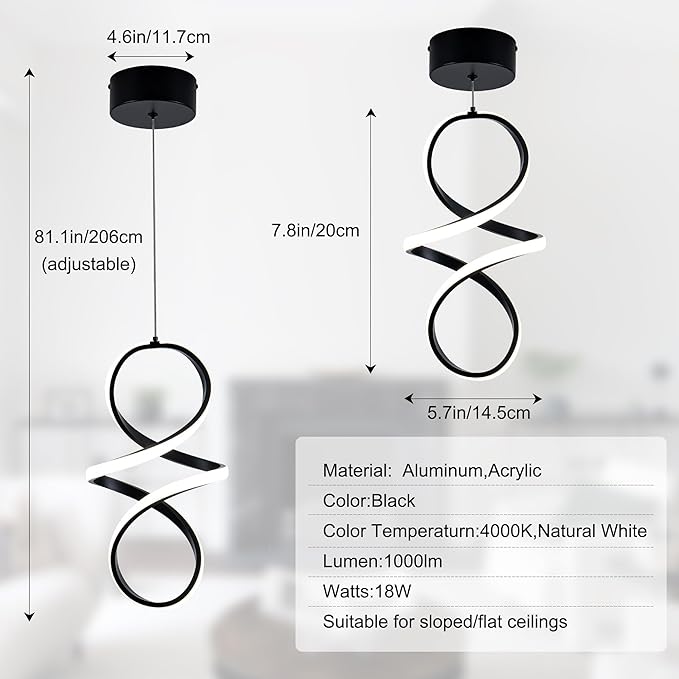 MAYNA Modern Spiral Led Chandelier, 4000K Pendant Light Kitchen Island, 18W Adjustable Height Island Light Fixture for Kitchen Bedroom Kitchen Island Cafe, 3 Pack (Black)