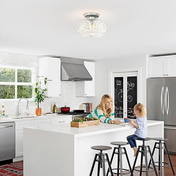 Semi Flush Mount Ceiling Light, Globe Glass Ceiling Light Fixture, Brushed White Oak Modern Lighting for Hallway Bedroom Entryway Kitchen Porch, Bulb Not Included