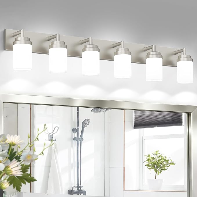 Bathroom Light Fixtures, Brushed Nickel Bathroom Lighting Fixtures Over Mirror, Modern Vanity Light with White Glass Shade, Restroom Lighting Fixtures, 6-Light 46-inch
