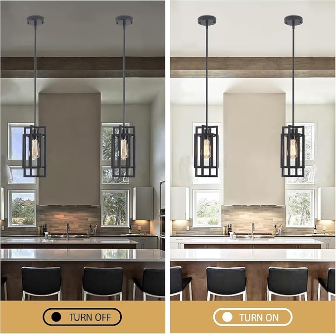 Farmhouse Pendant Light Fixtures 2 Pack 1 Light, Cage Black Finish Modern Pendant Lights with Max 59'' Adjustable, Small Square Pendant Ceiling Hanging Light for Kitchen Island Dining Room Entryway