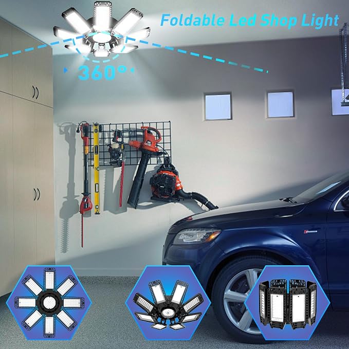 ISKYDRAW Garage Lights 240W 24000LM with 8+1 Deformable Panels, 8 Pack | LED, 6500K Daylight, E26/E27 Socket, CRI 80+, Ceiling Light Bulb for Workshop Workbench Basement Attic