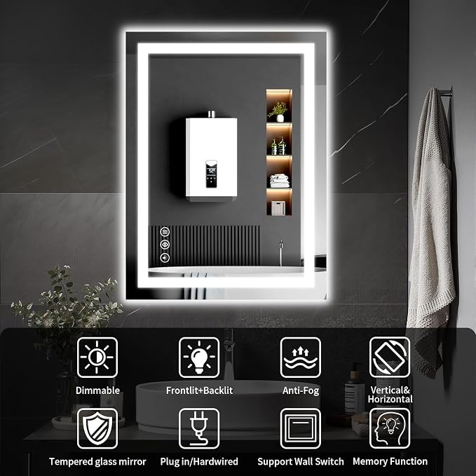 24"x36" LED Bathroom Mirror with Lights, Dimmable, Anti-Fog, Lighted Bathroom Vanity Mirror for Wall, Backlit + Front Lit, Memory Function, Shatter-Proof, Tempered Glass