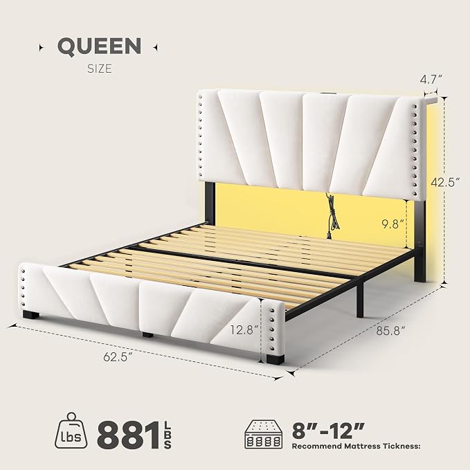 EnHomee Queen Bed Frame with LED Lights & USB, Noise-Free, Beige | Adjustable Velvet Headboard,Under-Bed Space, Heavy Duty Support with 12 Slats, No Box Spring Needed, Easy Assembly
