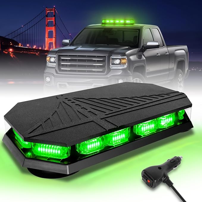 HLauto 406D Rooftop Emergency Strobe Lights Bar, 102 LED Green Mini Beacon Safety Flashing Warning Traffic Lights Bar w/Magnetic Base for 12-24V Trucks, Construction Vehicles, Snowplow, Cars