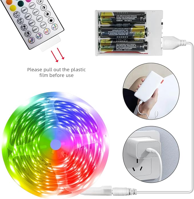 RUISHINE Battery Powered LED Strip Lights 25ft, Battery Operated LED Light Strip Color Changing Music Sync App Remote Control RGB USB Led Lights for TV, Room, Rope Lights