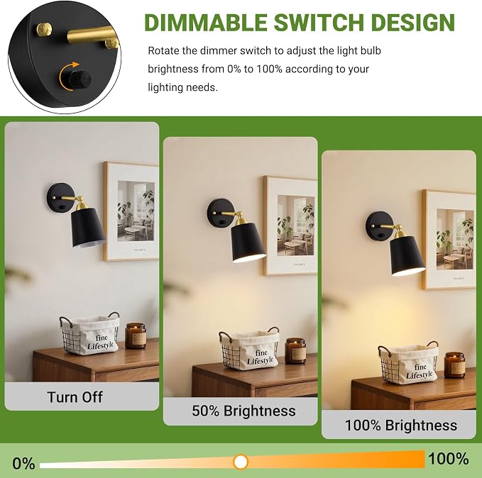 Dimmable Wall Sconces Set of 2, Wall Mounted Bedside Lamps with Rotary Switch, Black & Gold Sconces Wall Lighting, Bathroom Light Fixtures with Metal Shade, Wall Lights for Bedroom Living Room