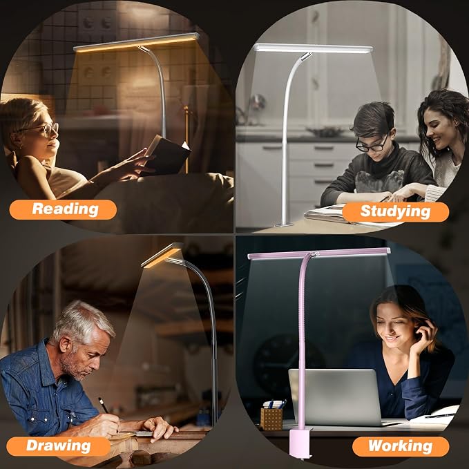 Airlonv LED Desk Lamp for Office Home, Eye-Caring Desk Light with Stepless Dimming Adjustable Flexible Gooseneck, 10W USB Adapter Desk Lamp with Clamp for Reading, Study, Workbench