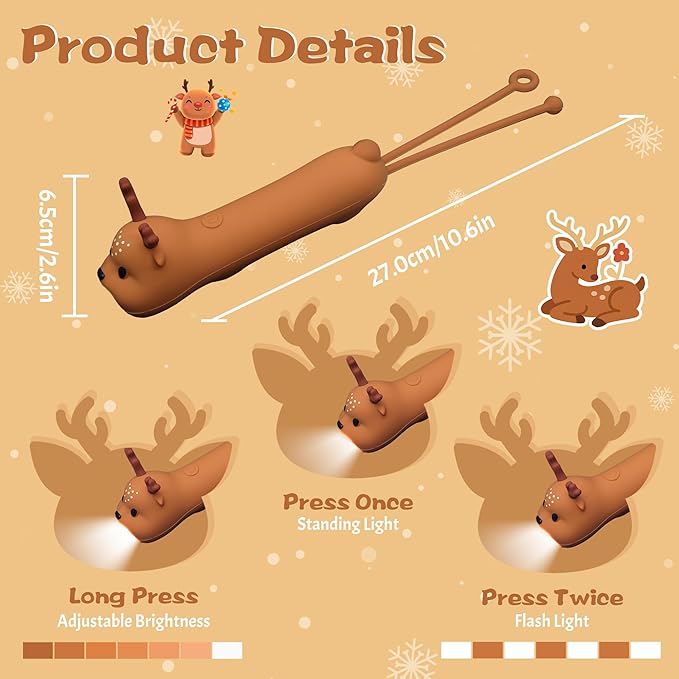 Silicone Deer Rechargeable Flashlight, Dimmable Hanging Night Light for Camping, Night Walks and Home Use, Animal Themed Themed Portable Torch