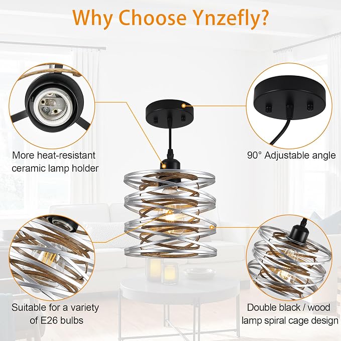 Pendant Lights Kitchen Island, Kitchen Hanging Light Fixtures Wood Grain Metal Lighting for Dining Room Bedroom Bar Office Entryway Hallway, Industrial Silver, 1 Pack