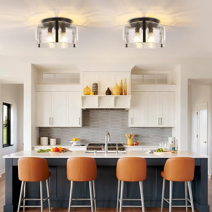 Black Semi Flush Mount Ceiling Light 15'', 3-Light Modern Farmhouse Glass Light Fixture, Dimmable Close to Ceiling Mount for Hallway, Kitchen Island, Entryway, Bedroom, Bathroom, Laundry Industrial
