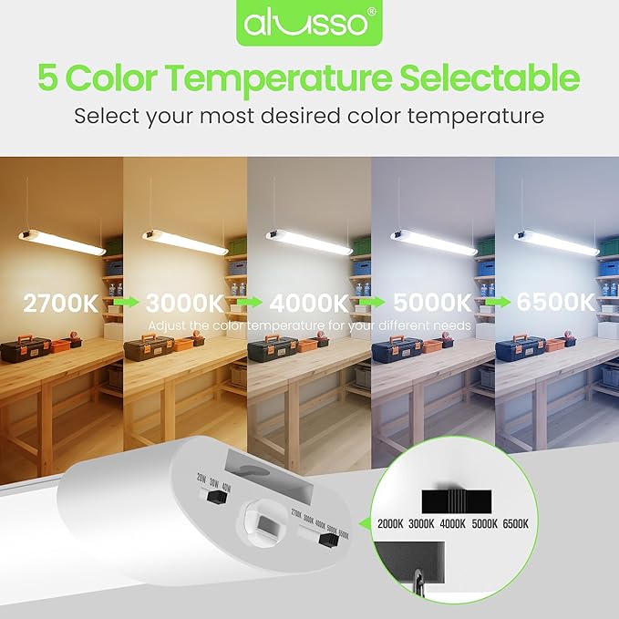 ALUSSO® LED Shop Lights 4FT for Garage, 4800LM Super Bright, Adjustable 2700K-6500K Color Temperature, 120V, Warm to Cool Daylight Linkable Shop Lights for Workshop/Basement, ETL Listed, 4 Pack