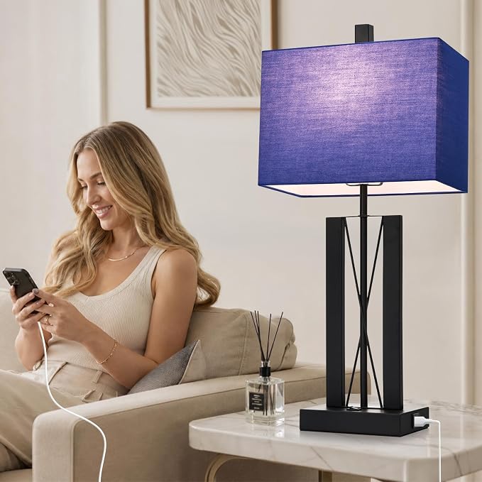 Lolikit 25" Table Lamps for Living Room Set of 2, Bedside Lamps for Bedroom | 2 USB Charging Ports,Blue and Black,Geometric Industrial Contemporary,2 LED Bulbs Shade Included,Nightstand,End Table