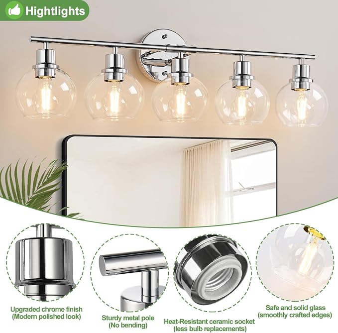 Indoi 5-Light Bathroom Light Fixture, Chrome Bathroom Wall Light with Clear Glass Globe Shades, Modern Vanity Lights Over Mirror for Bathroom, Bedroom, Kitchen, Living Room, Hallway