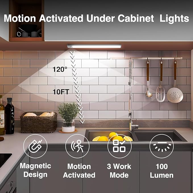 DAYBETTER 8inch Under Cabinet Lighting,2 Pack Motion Sensor Light Indoor | Rechargeable Light,3 Color Temps,5 Levels Dimmable,Magnetic Closet Lights,Wireless Under Counter Lights for Kitchen,Bookshelf
