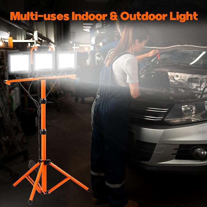 22000 Lumen Work Lights with Stand, 3 Head Portable LED Work Light, with Adjustable&Foldable Tripod Stand, IP66 Waterproof Lamp for Outdoor Indoor Job Site Workshop Garage Construction Site Lighting