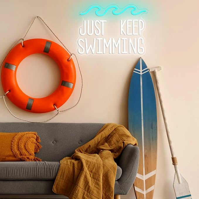 Just Keep Swimming Neon Sign USB Powered Motivational Swimming Pool Decor Neon Light Ice Blue Wave LED Light Up Sign for Wall Decor Classroom Room