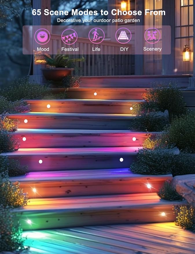 Sumaote LED Deck Lights Kit, 50 Pack 1.22" WiFi Smart RGBW+IC Multicolor | Recessed Low Voltage 12V IP67 Waterproof, App Control Dynamic Color Changing, for Outdoor Step Stair Garden Yard Landscape