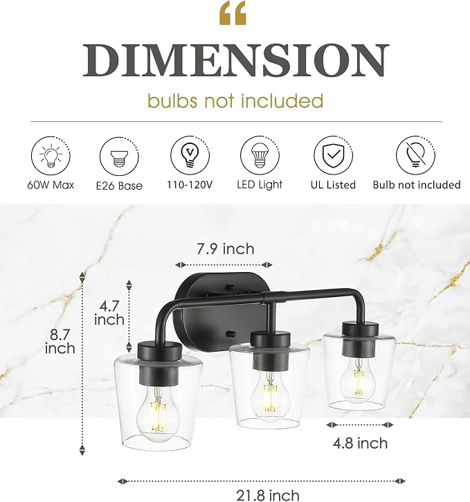 3-Light Matte Black Bathroom Light Fixtures, AD-22004-3W-BK-C | Bathroom Vanity Lights Over Mirror with Clear Glass, Modern Vanity Lighting Fixtures