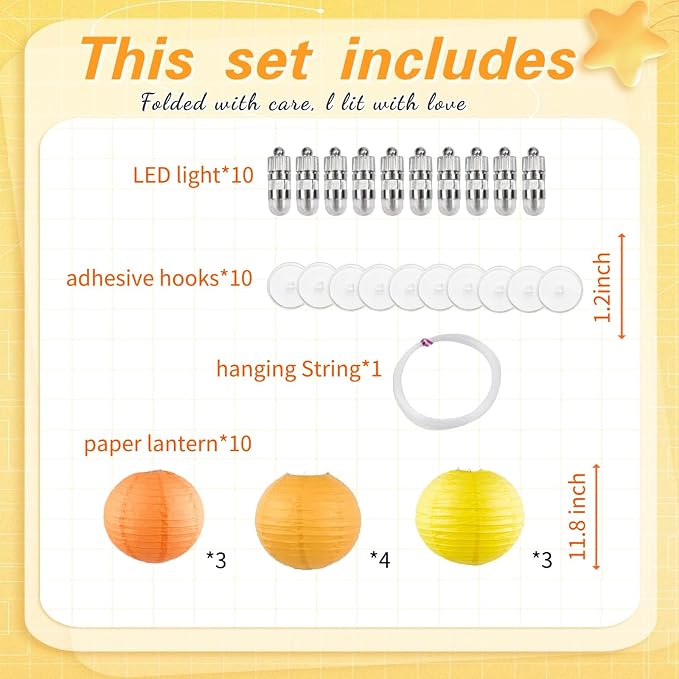 Yellow Chinese Paper Lanterns with LED Lights, 10-Pack 12inch | Hanging Lights in Yellow & Orange for Fall Festival, Thanksgiving, Birthday Decorations, Ceiling Decor & Home Party