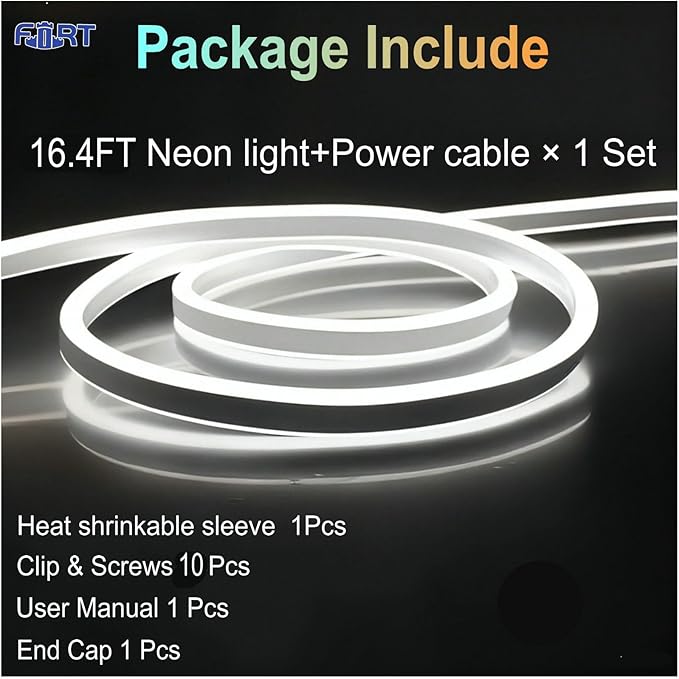 FORT White neon strip lighting - 120leds/m dotless ETL IP65 waterproof exterior neon led lights for outdoor use - weather-resistant rope lighting - 120v led strip lights for home and commercial 16.4FT