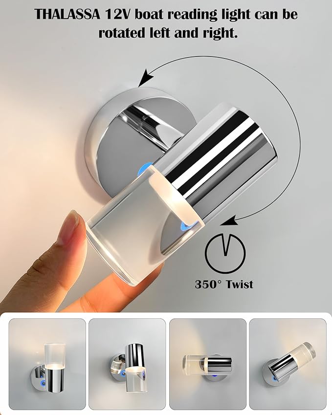 THALASSA RV 12V LED Reading Light Warm White with Blue Night Light/Ambient Lighting - Wall Sconce for Motorhome, Camper & Trailer