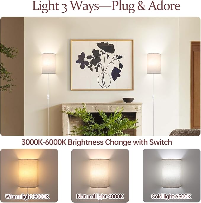 Shenmoyl Plug in Wall Sconces Set of Two Wall Lights with On/Off Switch - Stepless Color Temperature Wall Mount Lamps - Fabric Linen Wall Sconce for Bedroom Living Room - Indoor Corded Wall Sconces