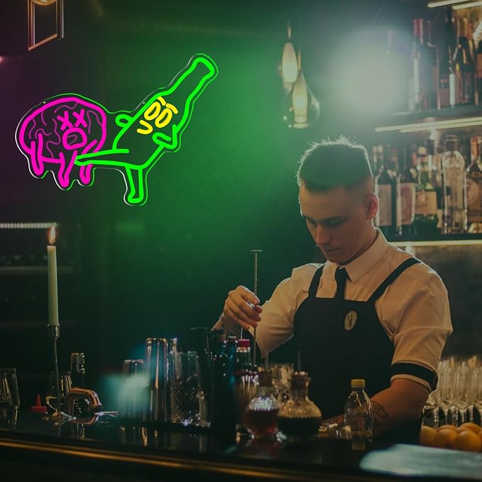 Funny Beer Neon Sign for Bar Man Cave Wall Decor Novelty LED Light | USB Powered Dimmable Funny Beer Neon Sign with Beer Kicking Brain Artwork for Bar Pub Man Cave Game Room Garage Decor