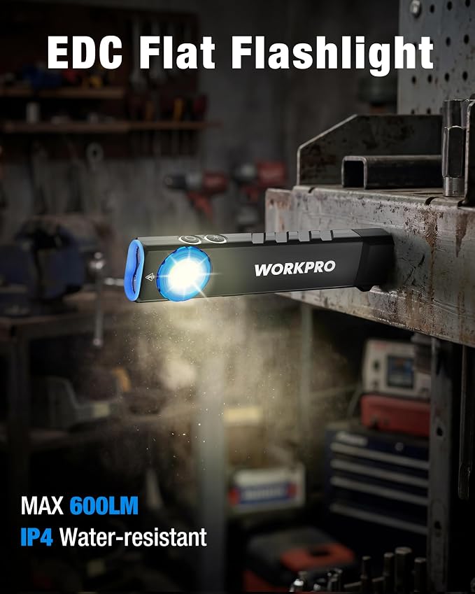WORKPRO Rechargeable Pocket Flashlight, Magnetic EDC Light with UV, Black | Compact, 600 Lumens LED & UV Light, 2 Magnetic Bases, Pocket Clip, 7 Modes, Garage, Repair & Emergency Use