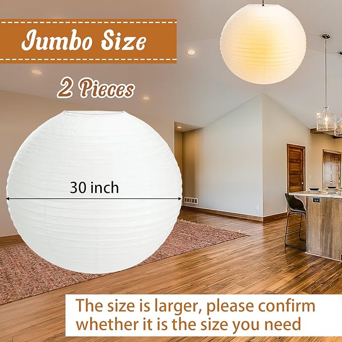 2 Pcs 30 Inch White Paper Lanterns Large Jumbo Round Lantern Lamp Hanging Ball Luminary for Wedding Party Bridal Shower Decoration Anniversary Birthday Classroom Home Ceiling Decorations