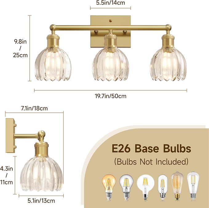 Antique Brass Bathroom Light Fixtures Over Mirror,3-Light Bathroom Vanity Lights Over Mirror,Brass Wall Lights with Clear Glass Tulip Light Shade for Bedroom,Living Room,Hallway,E26 Base